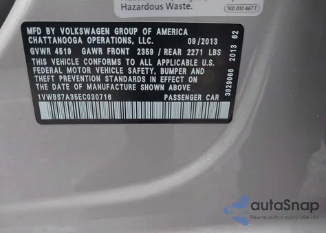 2014 Volkswagen Passat 1.8T Se из США, поврежденный, VIN 1VWBS7A35EC030716